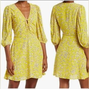2717)NICHOLAS Danni Floral Tie Front Yellow Mini Dress V Neck 3/4 Sleeve Size 16
